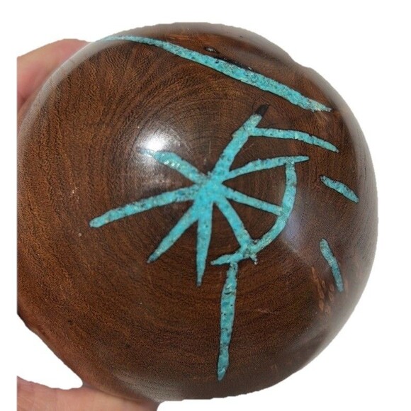 Handcrafted Signed Dark Wood Turquoise Inlay Candle Holder Artisan Southwestern - Picture 6 of 10